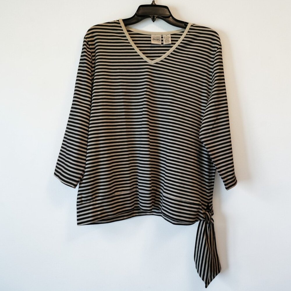 Women's Black & White Striped V-Neck Top